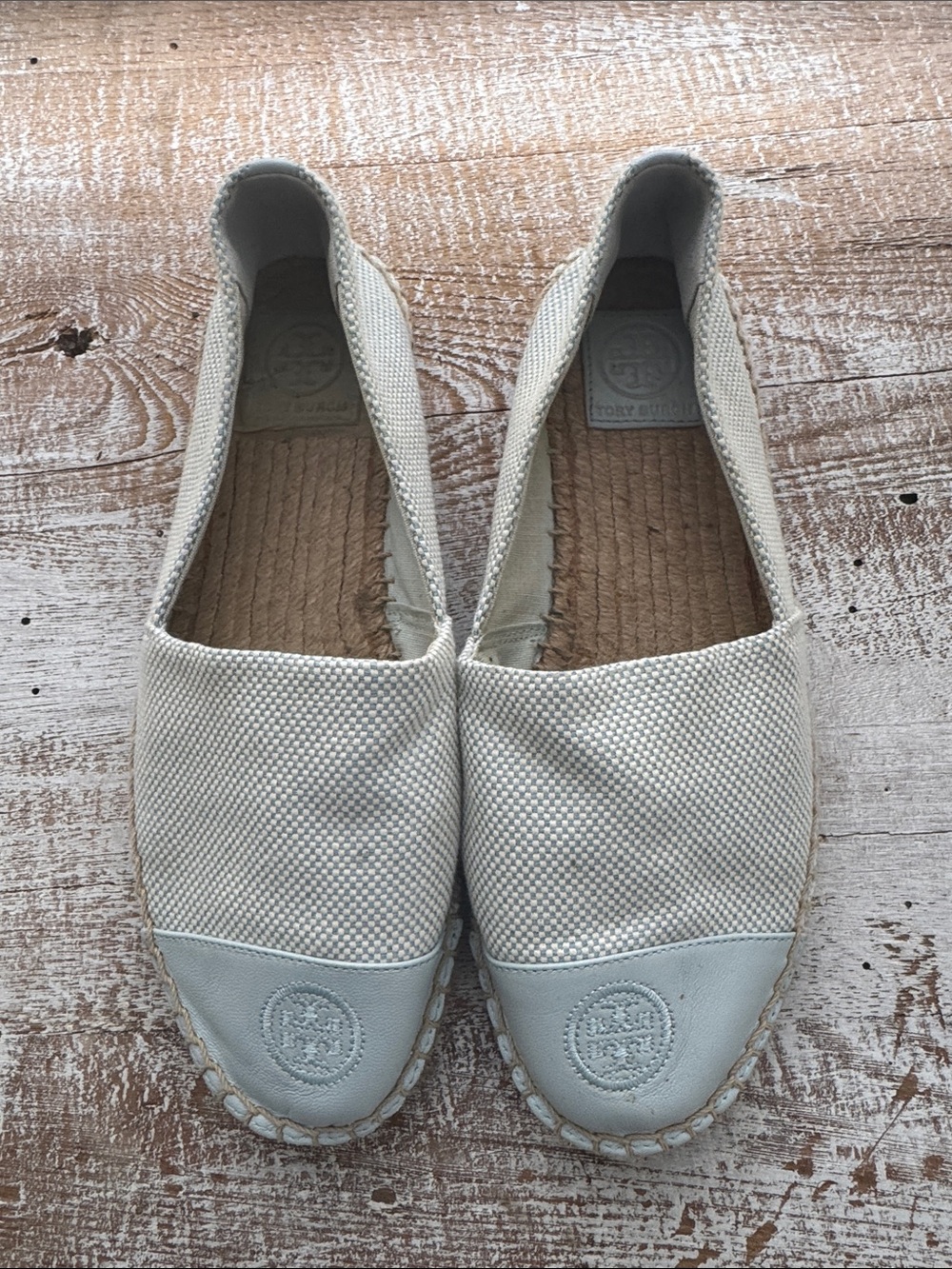 Tory Burch light blue color block espadrilles size 8. Seltzer blue
